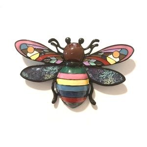 ART DECO STYLE MULTI-COLOR BEE HONEYBEE INSECT BROOCH PIN PENDANT FLYING INSECT